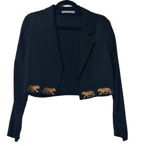 Betsy’s things women’s cropped embroidered tiger black long sleeve jacket blazer
